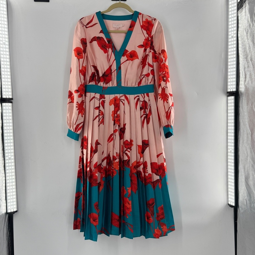 Ted Baker Karolyn Fantasia Floral Pleated Midi Dress Pink Red Teal Size 2 - Picture 4 of 13